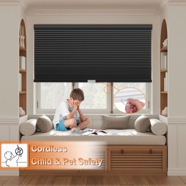 Blackout Cellular Shades, Honeycomb Blinds for Indoor Windows, 1.5 inch Cell Pleated , Pull Down Thermal Window ,Coverings for Window.  Black - Image 3