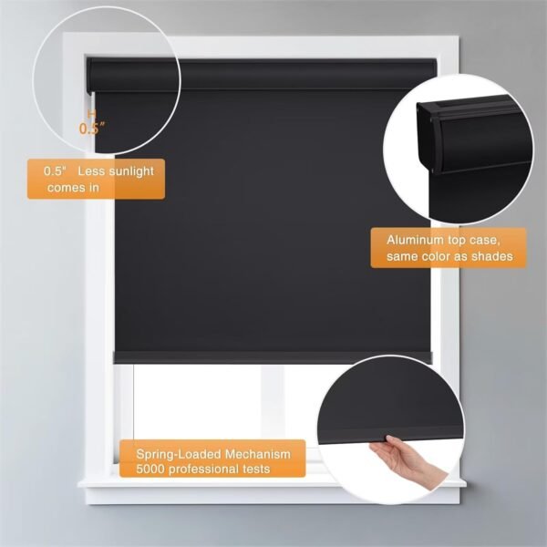 Cordless Roller Blinds for Indoor Windows, Blackout Roller Blinds with Valance Cover, Room Darkening Window Shades for Home, Privacy Control Shade, Easy Install Black - Image 5
