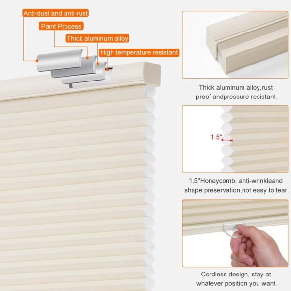 Light Filtering Cellular Shades, Honeycomb Blinds for Indoor Windows, 1.5 inch Cell Pleated , Pull Down Thermal Window ,Coverings for Window. Beige - Image 5
