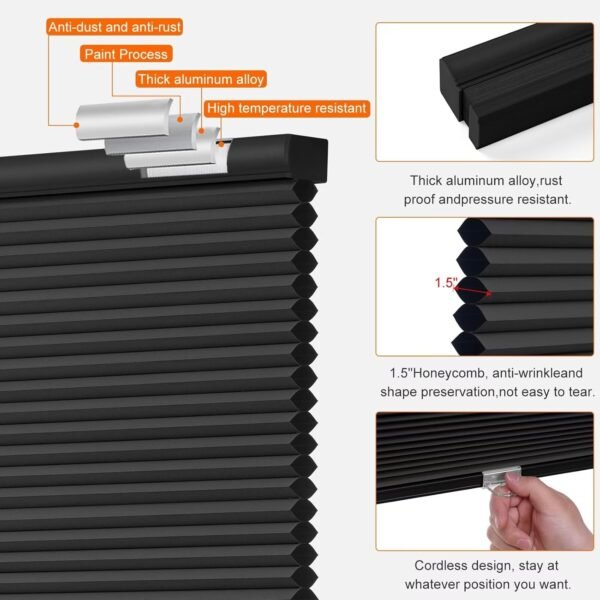 Blackout Cellular Shades, Honeycomb Blinds for Indoor Windows, 1.5 inch Cell Pleated , Pull Down Thermal Window ,Coverings for Window.  Black - Image 5