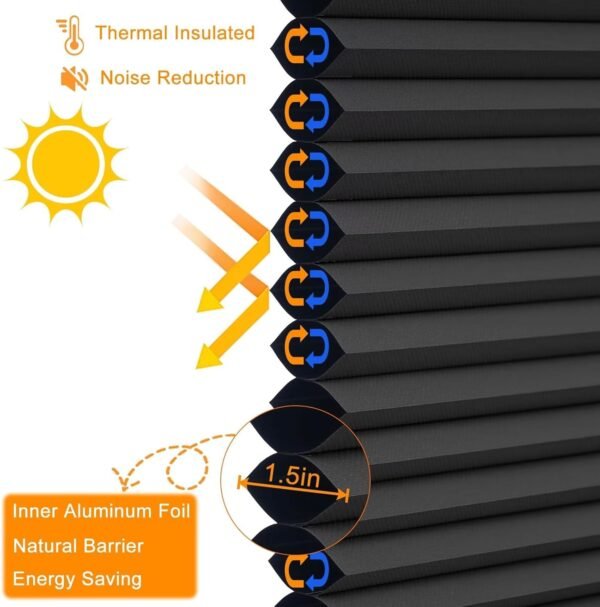 Blackout Cellular Shades, Honeycomb Blinds for Indoor Windows, 1.5 inch Cell Pleated , Pull Down Thermal Window ,Coverings for Window.  Black - Image 6