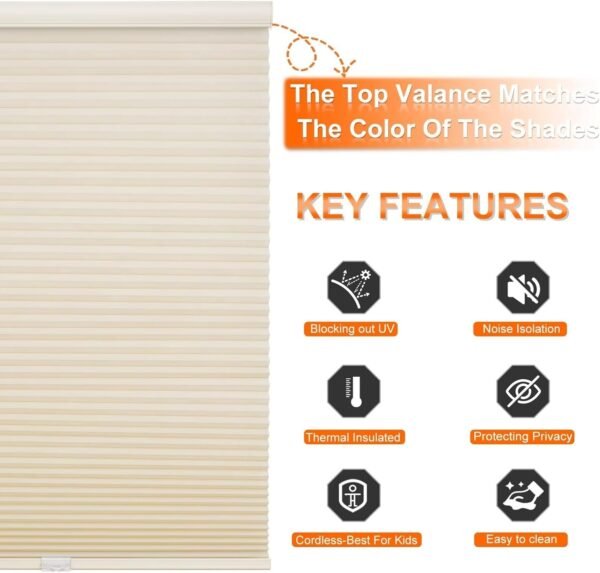Light Filtering Cellular Shades, Honeycomb Blinds for Indoor Windows, 1.5 inch Cell Pleated , Pull Down Thermal Window ,Coverings for Window. Beige - Image 7