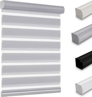 Cordless Zebra Blinds for Indoor Windows, Dual Layer Sheer Blinds 70% Blackout Zebra Shades, Light Filtering Window Treatments Privacy Light Control Day Night Blinds，Grey